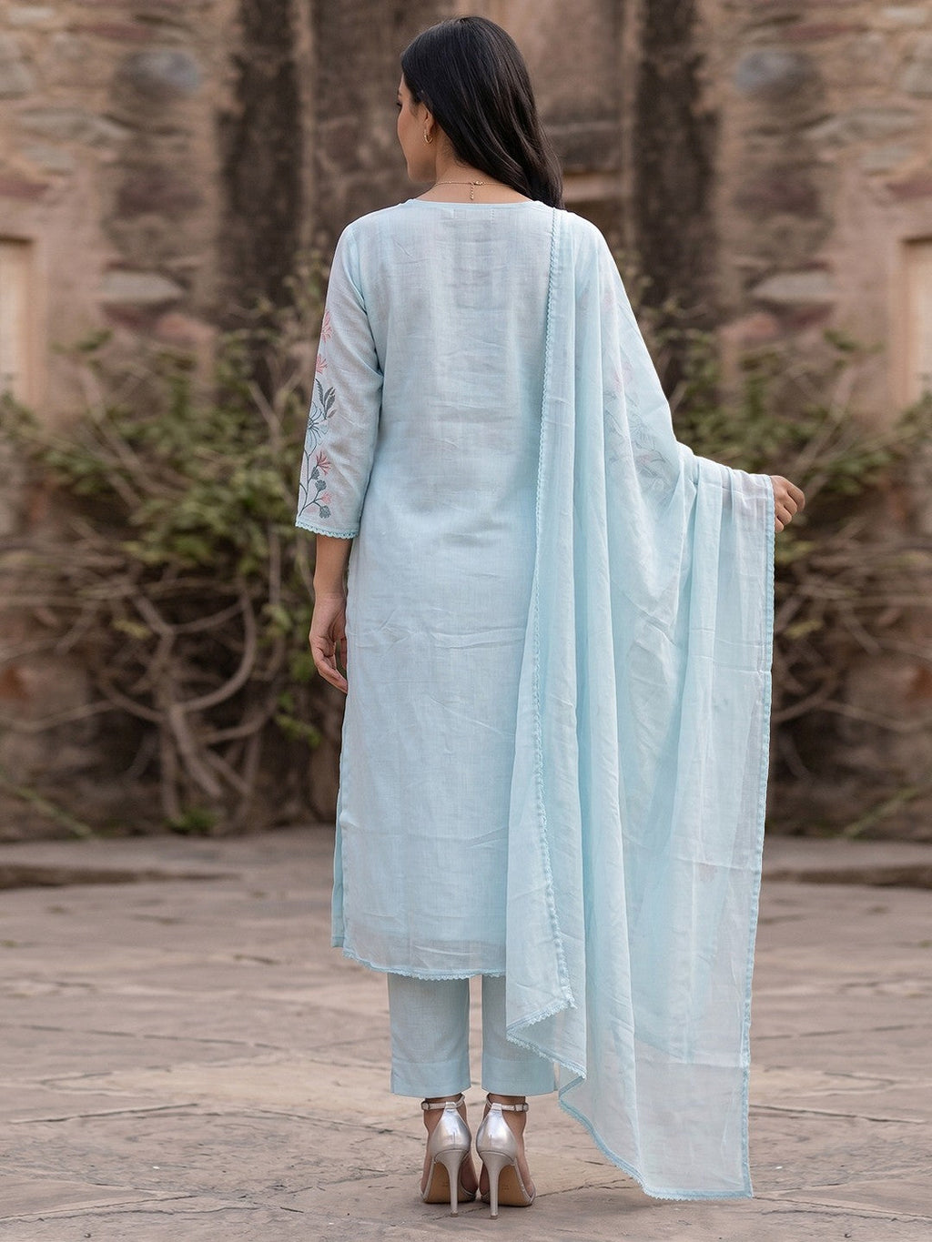 Pastel Blue Mul Cotton Salwar Suit Set with Elegant Thread Work