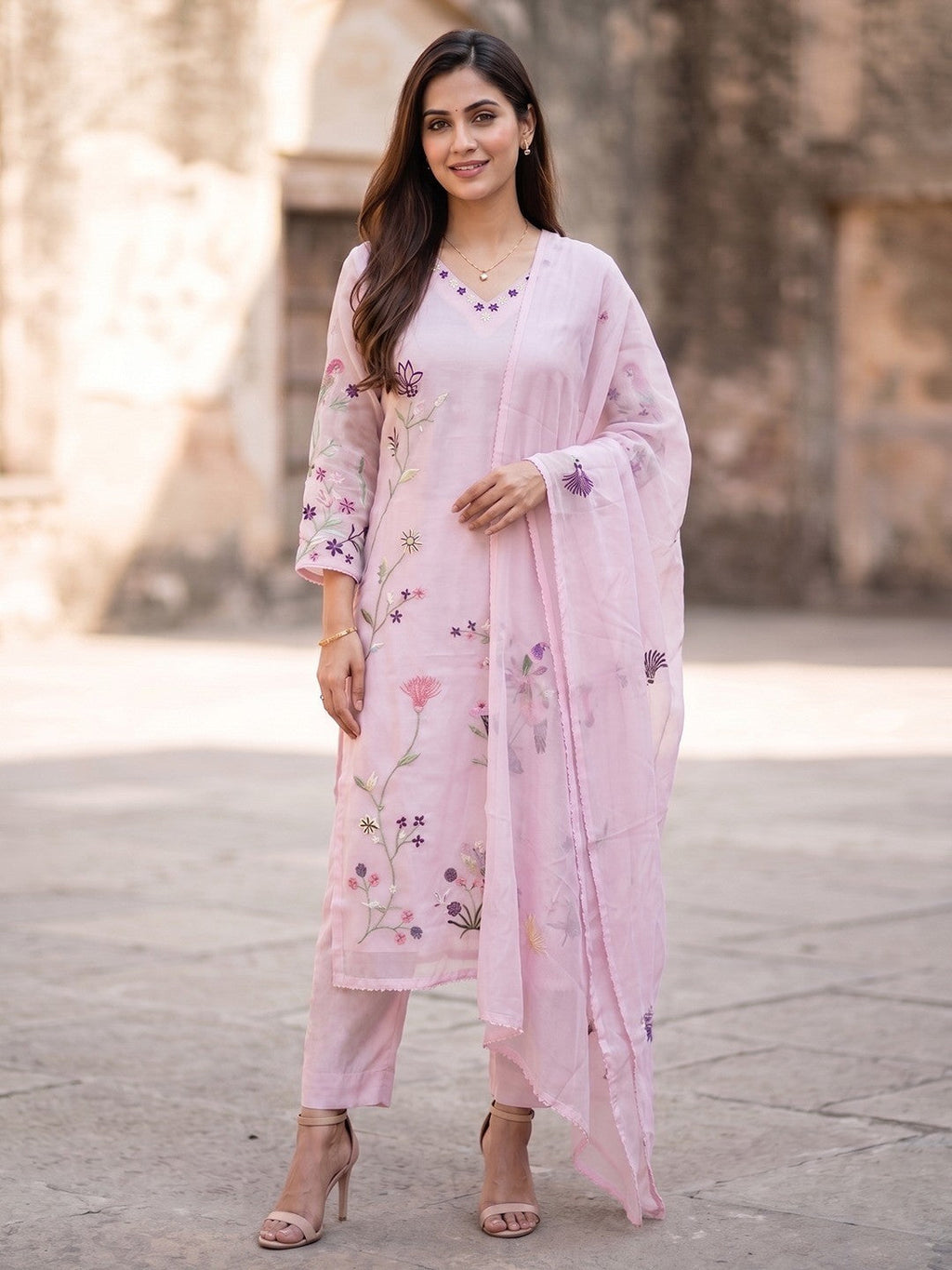 Blush Pink Mul Cotton Salwar Suit Set with Elegant Thread Work