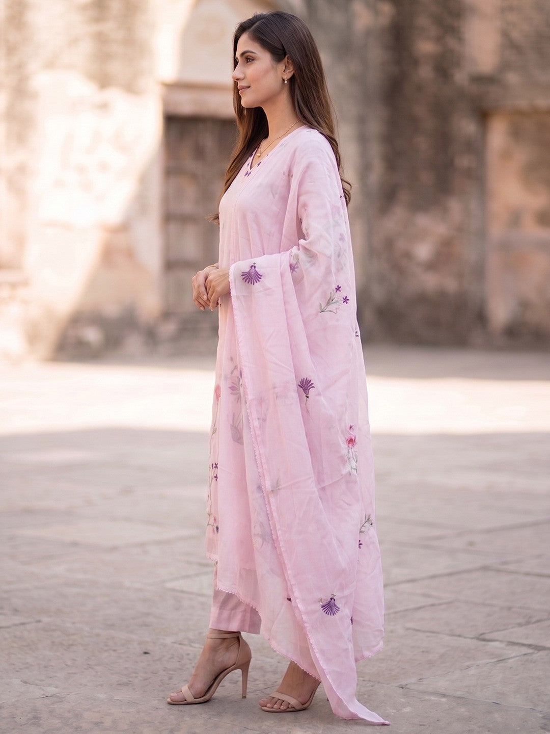 Blush Pink Mul Cotton Salwar Suit Set with Elegant Thread Work