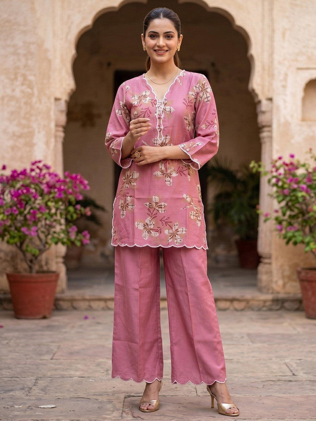 Pink Floral Printed Viscose Top Palazzo Set for Women