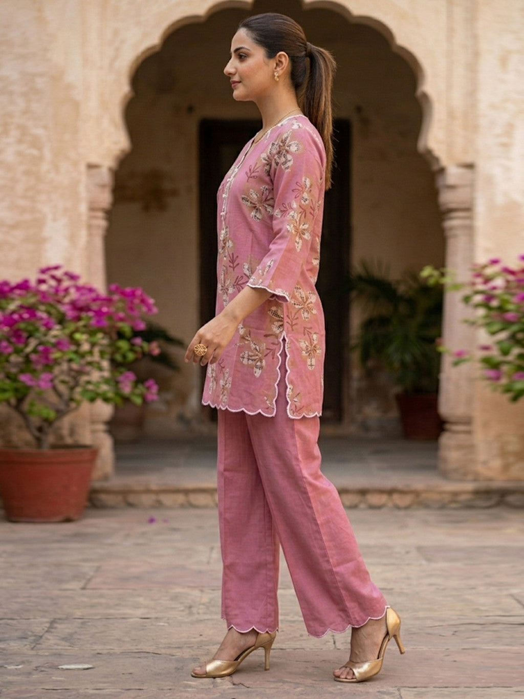 Pink Floral Printed Viscose Top Palazzo Set for Women