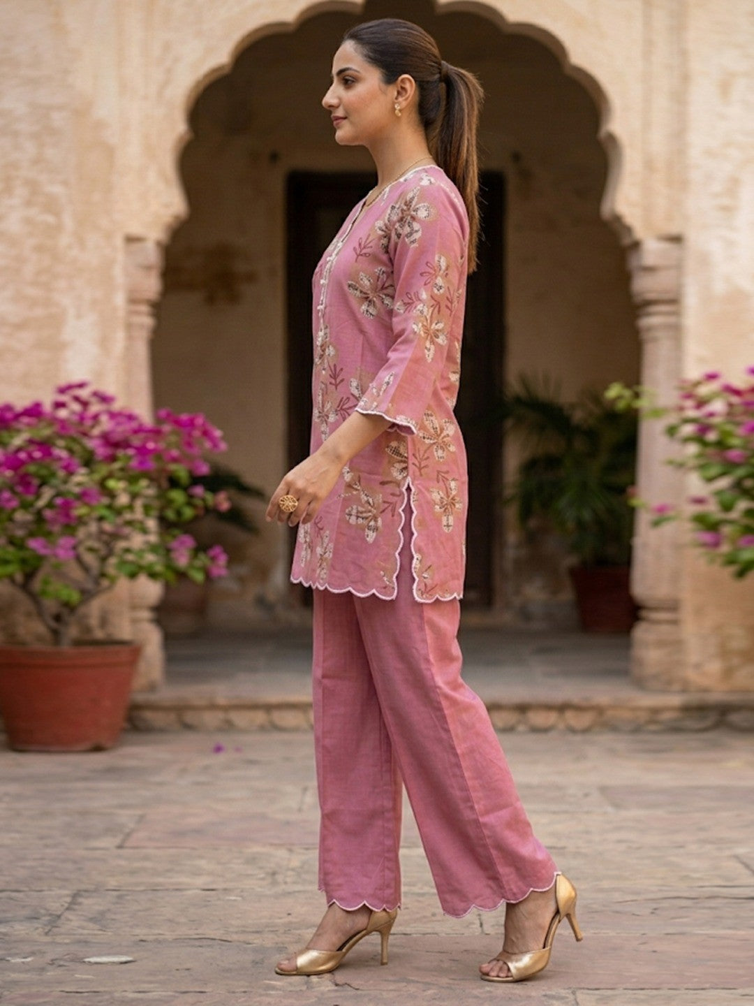 Pink Floral Printed Viscose Top Palazzo Set for Women