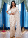 Graceful Offwhite Sequins With Detailed Beads & Stone Work Organza Satin Silk Saree