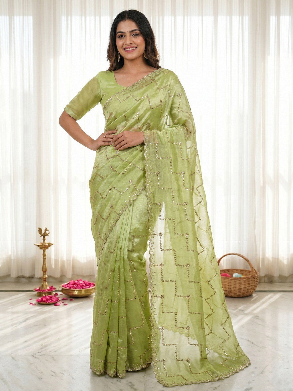 Graceful Green Sequins With Detailed Beads & Stone Work Organza Satin Silk Saree