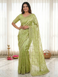 Graceful Green Sequins With Detailed Beads & Stone Work Organza Satin Silk Saree