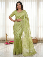 Graceful Green Sequins With Detailed Beads & Stone Work Organza Satin Silk Saree
