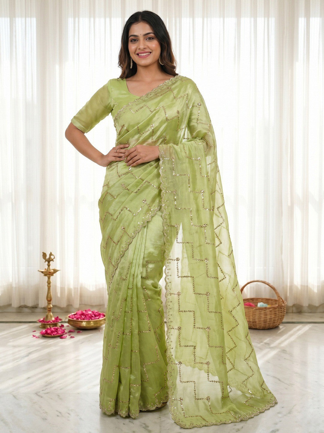 Graceful Green Sequins With Detailed Beads & Stone Work Organza Satin Silk Saree