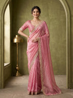 Graceful Pink Solid Organza Satin Silk Saree Adorned With Sequins Embroidered Lace Border Work