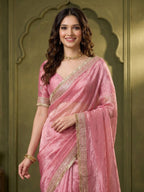 Graceful Pink Solid Organza Satin Silk Saree Adorned With Sequins Embroidered Lace Border Work