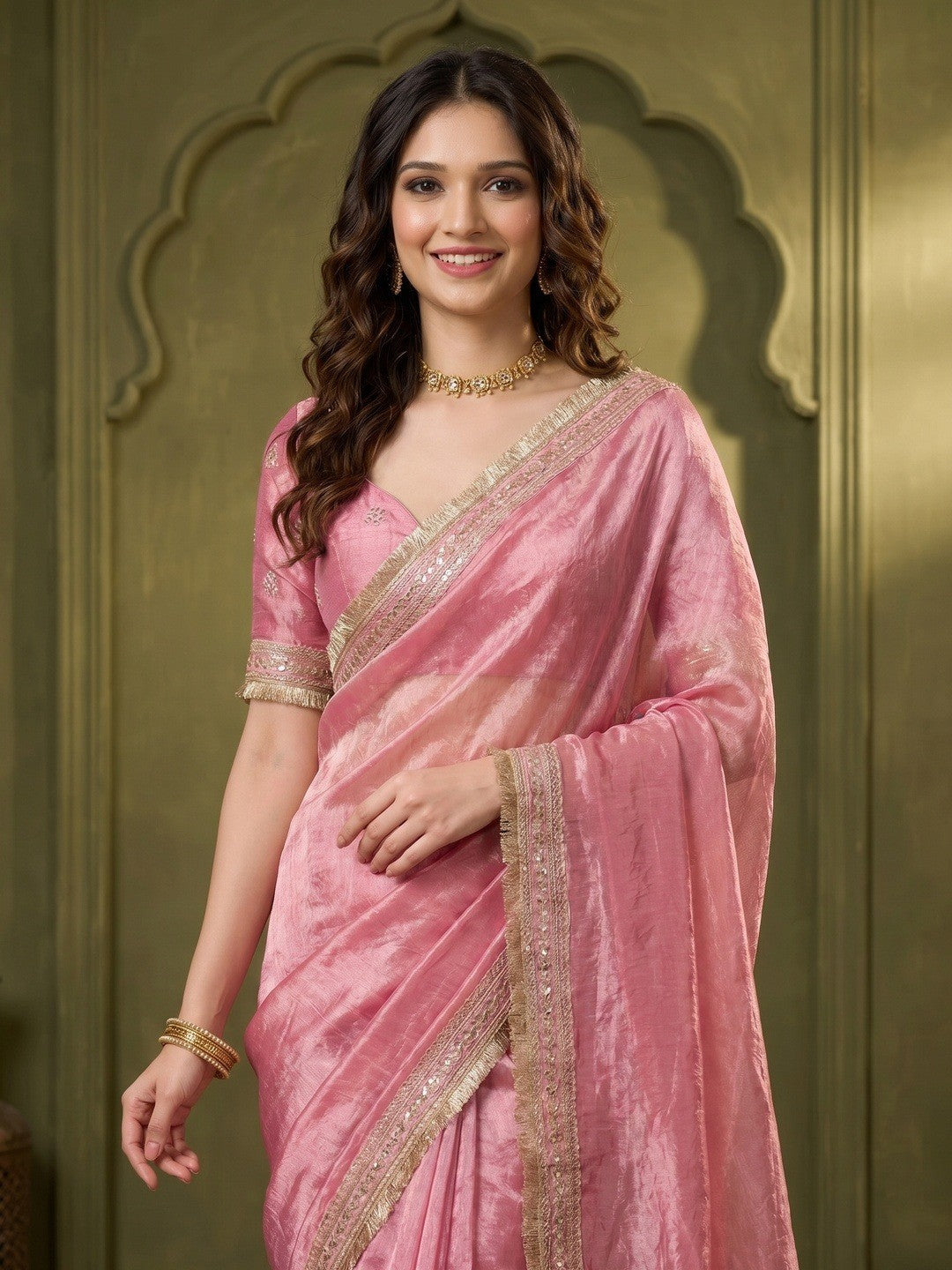 Graceful Pink Solid Organza Satin Silk Saree Adorned With Sequins Embroidered Lace Border Work