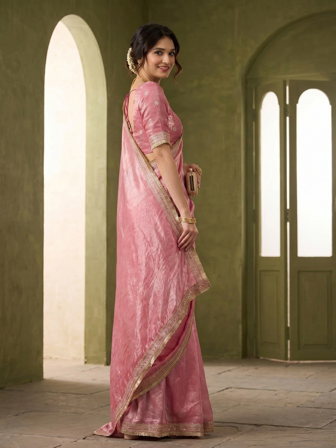 Graceful Pink Solid Organza Satin Silk Saree Adorned With Sequins Embroidered Lace Border Work