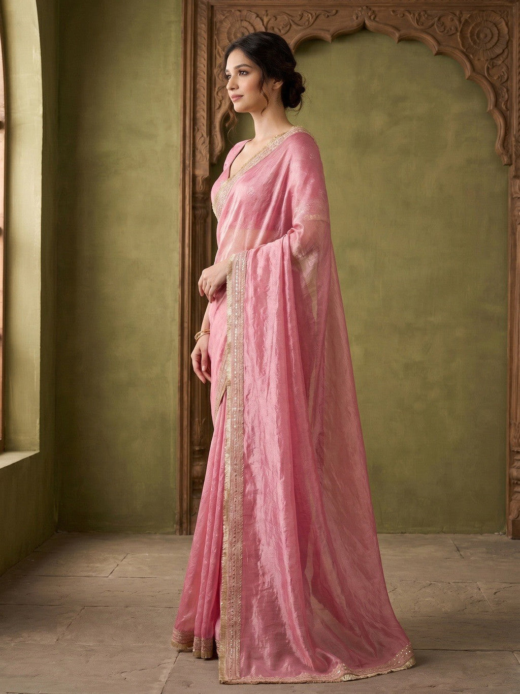 Graceful Pink Solid Organza Satin Silk Saree Adorned With Sequins Embroidered Lace Border Work