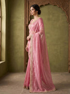Graceful Pink Solid Organza Satin Silk Saree Adorned With Sequins Embroidered Lace Border Work