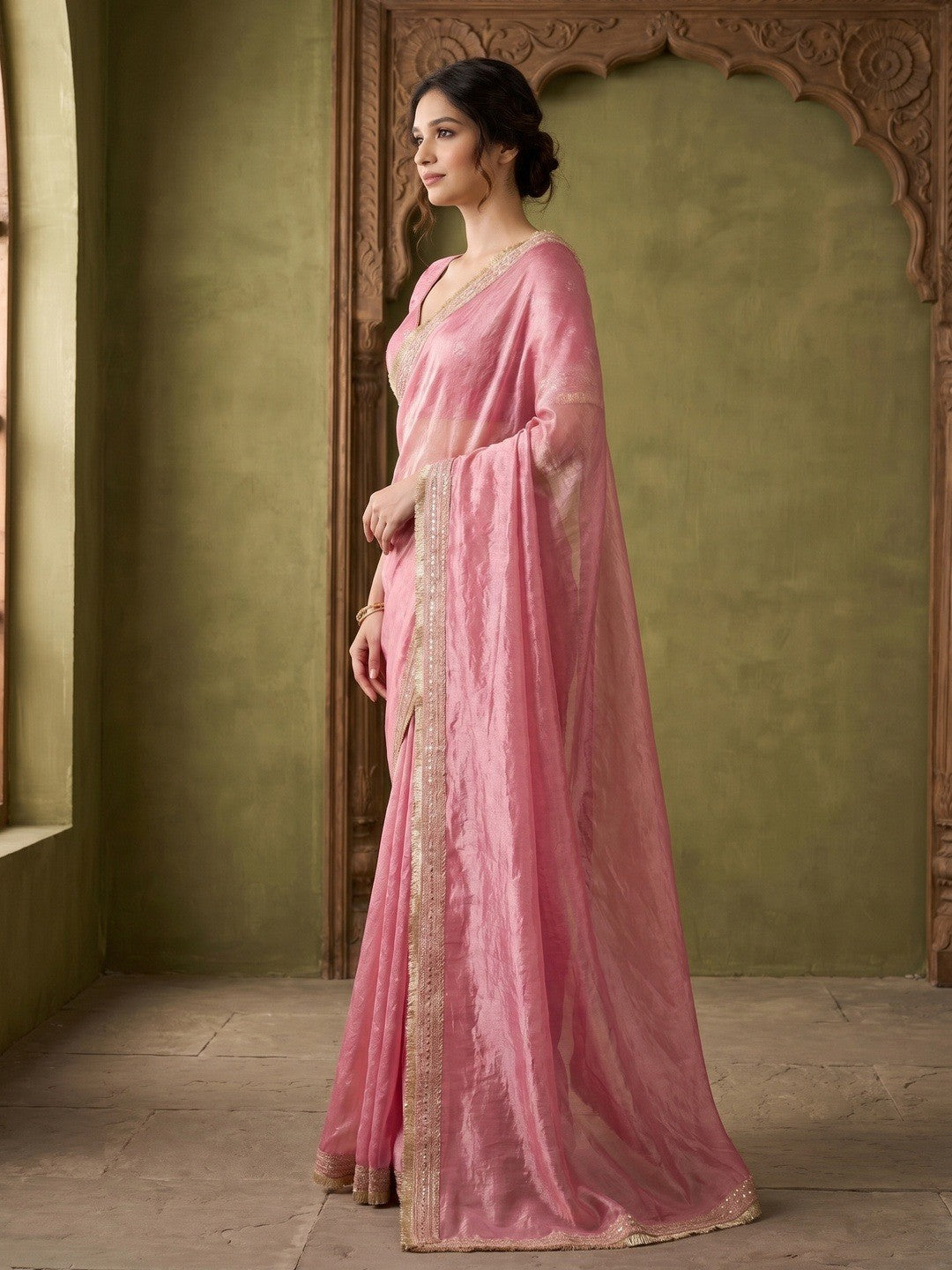 Graceful Pink Solid Organza Satin Silk Saree Adorned With Sequins Embroidered Lace Border Work