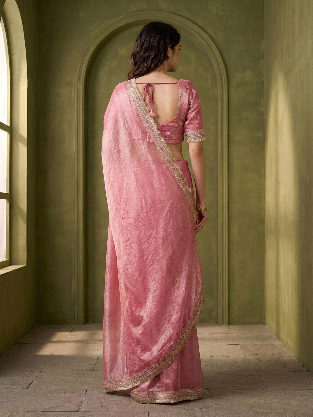Graceful Pink Solid Organza Satin Silk Saree Adorned With Sequins Embroidered Lace Border Work