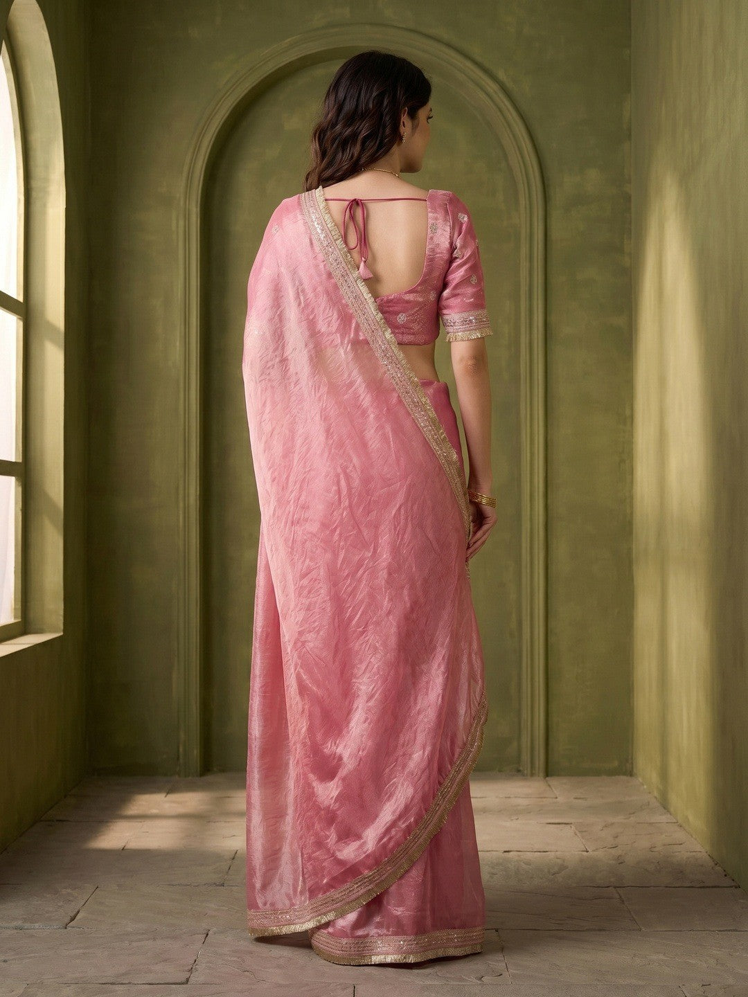 Graceful Pink Solid Organza Satin Silk Saree Adorned With Sequins Embroidered Lace Border Work