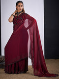 Glamorous Maroon Satin Silk Saree Featuring Rich Stone Work With Cut Dana & Sequins