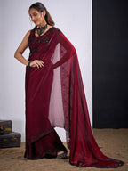 Glamorous Maroon Satin Silk Saree Featuring Rich Stone Work With Cut Dana & Sequins