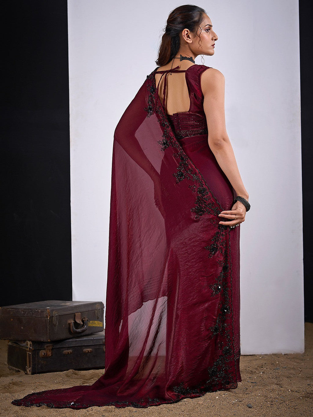 Glamorous Maroon Satin Silk Saree Featuring Rich Stone Work With Cut Dana & Sequins
