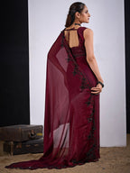 Glamorous Maroon Satin Silk Saree Featuring Rich Stone Work With Cut Dana & Sequins
