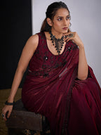 Glamorous Maroon Satin Silk Saree Featuring Rich Stone Work With Cut Dana & Sequins