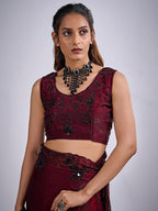 Glamorous Maroon Satin Silk Saree Featuring Rich Stone Work With Cut Dana & Sequins