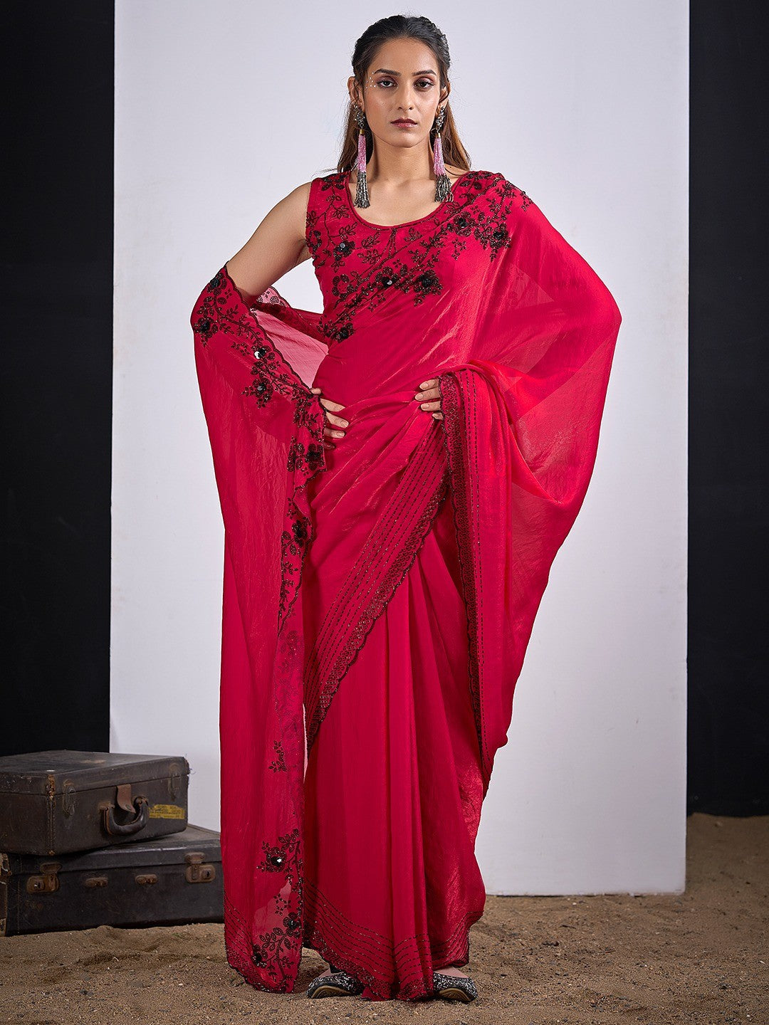 Glamorous Cherry Red Satin Silk Saree Featuring Rich Stone Work With Cut Dana & Sequins