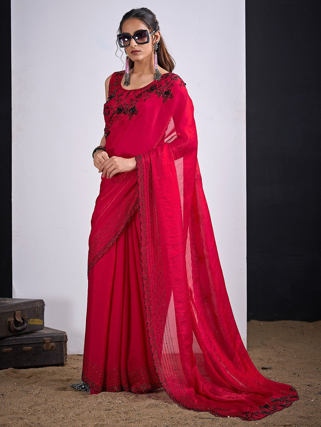 Glamorous Cherry Red Satin Silk Saree Featuring Rich Stone Work With Cut Dana & Sequins