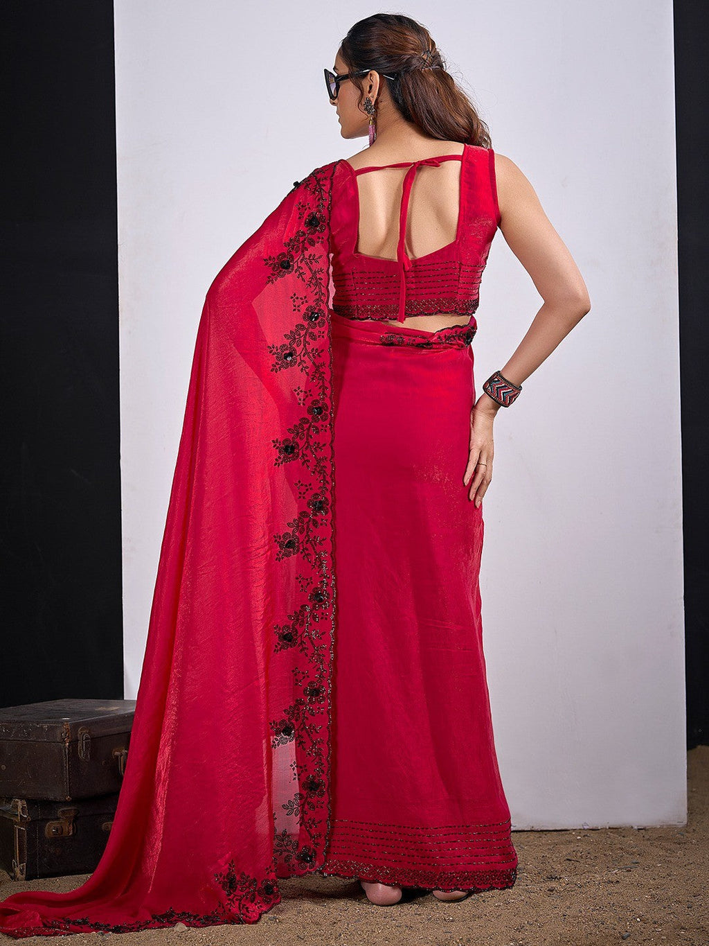 Glamorous Cherry Red Satin Silk Saree Featuring Rich Stone Work With Cut Dana & Sequins