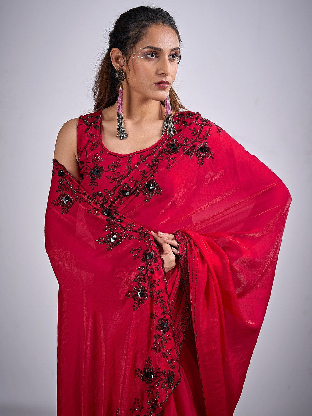 Glamorous Cherry Red Satin Silk Saree Featuring Rich Stone Work With Cut Dana & Sequins