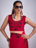 Glamorous Cherry Red Satin Silk Saree Featuring Rich Stone Work With Cut Dana & Sequins