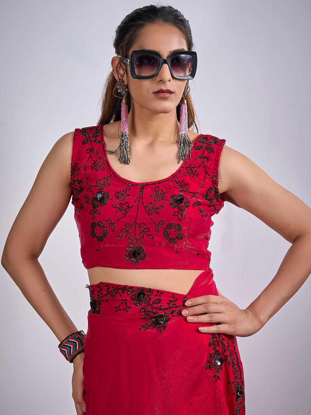 Glamorous Cherry Red Satin Silk Saree Featuring Rich Stone Work With Cut Dana & Sequins