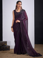 Glamorous Dark Purple  Satin Silk Saree Featuring Rich Stone Work With Cut Dana & Sequins