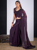 Glamorous Dark Purple  Satin Silk Saree Featuring Rich Stone Work With Cut Dana & Sequins