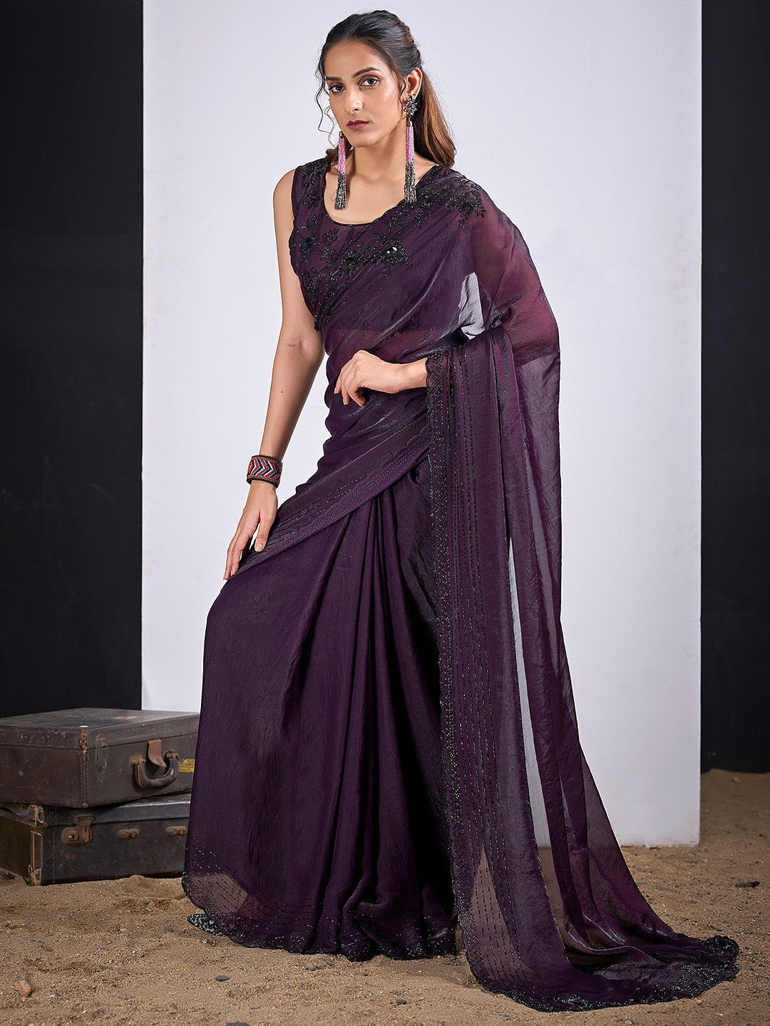 Glamorous Dark Purple  Satin Silk Saree Featuring Rich Stone Work With Cut Dana & Sequins