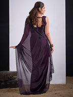 Glamorous Dark Purple  Satin Silk Saree Featuring Rich Stone Work With Cut Dana & Sequins
