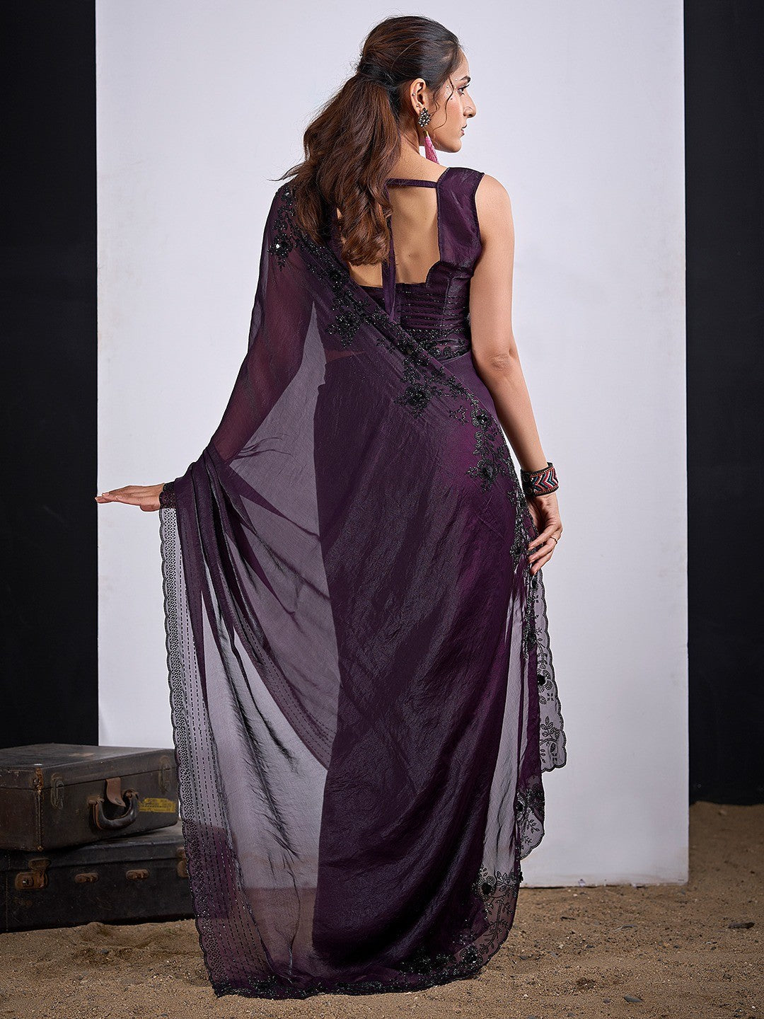 Glamorous Dark Purple  Satin Silk Saree Featuring Rich Stone Work With Cut Dana & Sequins