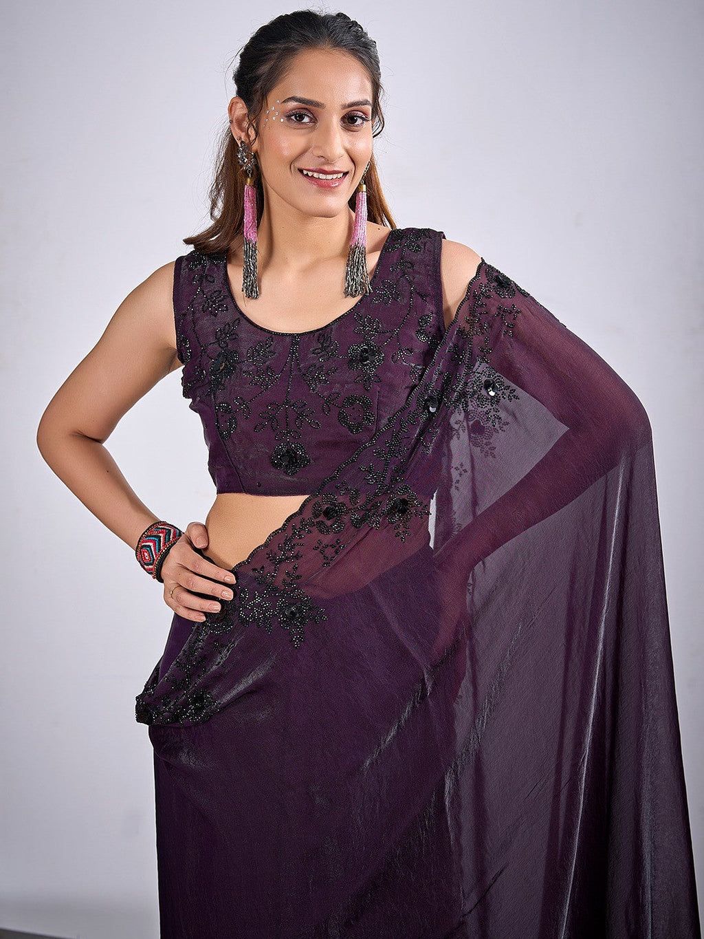 Glamorous Dark Purple  Satin Silk Saree Featuring Rich Stone Work With Cut Dana & Sequins