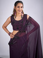 Glamorous Dark Purple  Satin Silk Saree Featuring Rich Stone Work With Cut Dana & Sequins