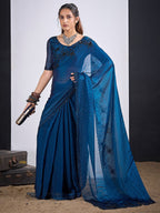 Glamorous Blue Satin Silk Saree Featuring Rich Stone Work With Cut Dana & Sequins