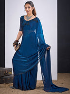 Glamorous Blue Satin Silk Saree Featuring Rich Stone Work With Cut Dana & Sequins