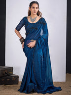 Glamorous Blue Satin Silk Saree Featuring Rich Stone Work With Cut Dana & Sequins