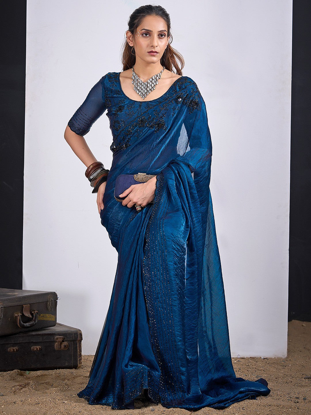 Glamorous Blue Satin Silk Saree Featuring Rich Stone Work With Cut Dana & Sequins