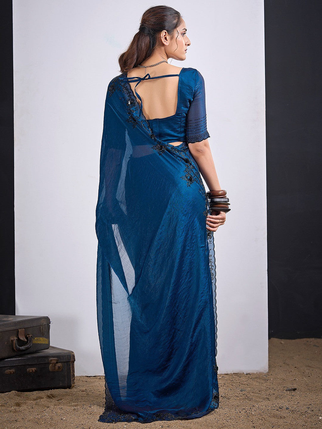 Glamorous Blue Satin Silk Saree Featuring Rich Stone Work With Cut Dana & Sequins