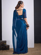 Glamorous Blue Satin Silk Saree Featuring Rich Stone Work With Cut Dana & Sequins