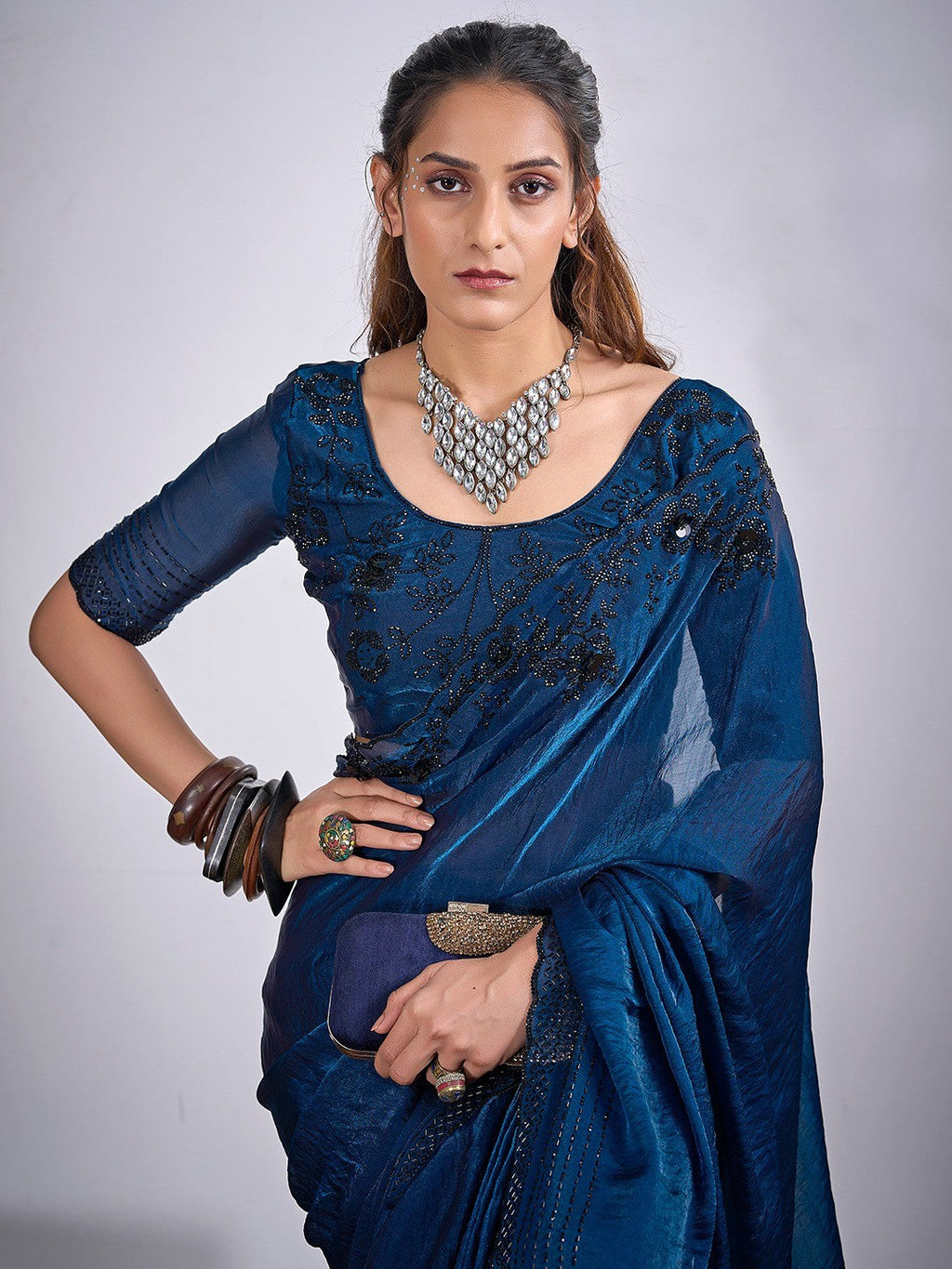 Glamorous Blue Satin Silk Saree Featuring Rich Stone Work With Cut Dana & Sequins