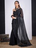 Glamorous Black Satin Silk Saree Featuring Rich Stone Work With Cut Dana & Sequins