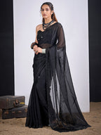 Glamorous Black Satin Silk Saree Featuring Rich Stone Work With Cut Dana & Sequins
