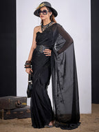 Glamorous Black Satin Silk Saree Featuring Rich Stone Work With Cut Dana & Sequins