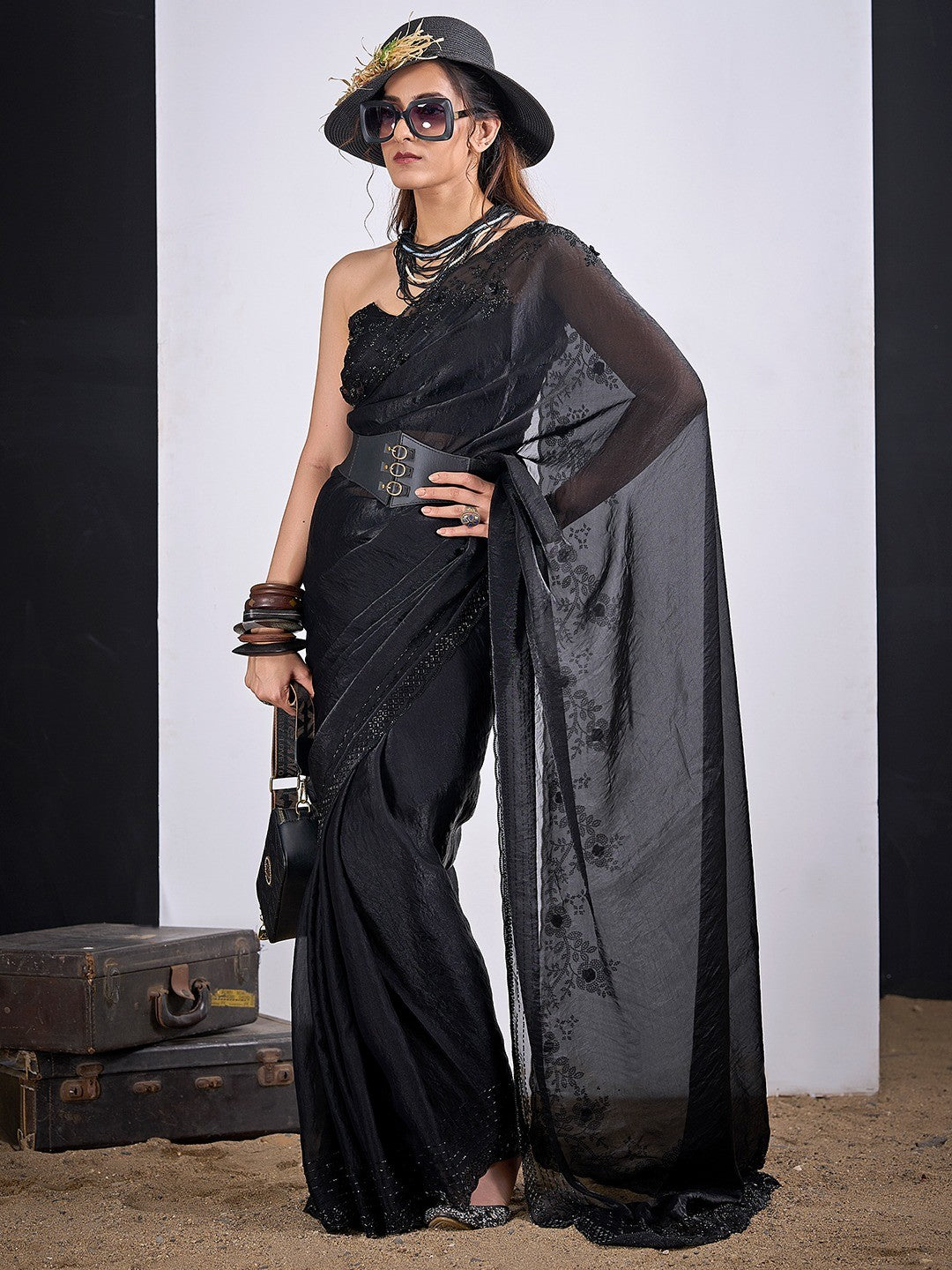 Glamorous Black Satin Silk Saree Featuring Rich Stone Work With Cut Dana & Sequins